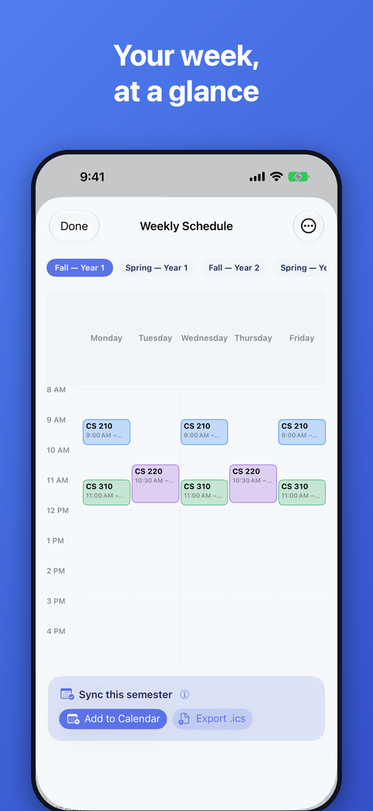 Weekly schedule screen